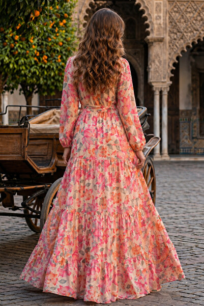 benguen Desenli Tesettür Jessica Elbise B604 Pembe