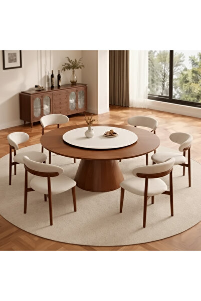 Majestic Home طاولة مستديرة من فينيسيا ذات سطح خشبي من الحجر المتكلس مع سطح دوار