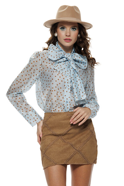Fofy Camasa dama eleganta baby blue din organza de tencel cu buline si funda ...