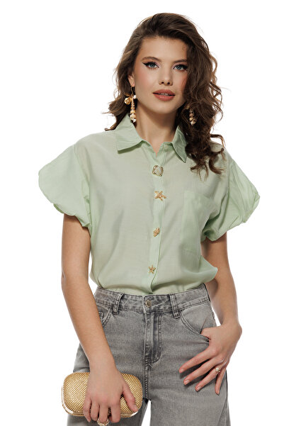 Fofy Camasa dama diafana premium din organza de vascoza verde menta cu nastur...
