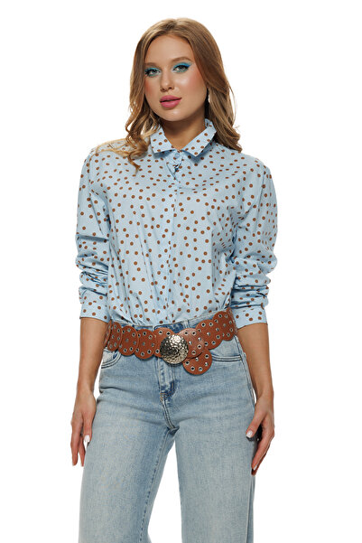 Fofy Camasa dama eleganta baby blue din bumbac cu buline