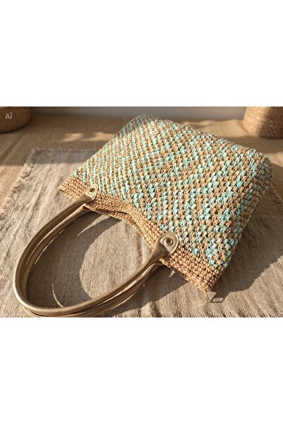 Meya design Women's Hand Knitted Zippered Shoulder Bag - Beige & Water Green (33X43 cm)