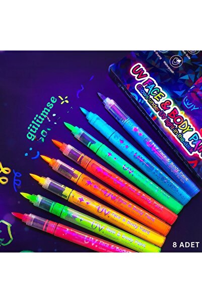roco paper UV Işıkta Parlayan Neon Yüz ve Vücut Boya Kalemi Seti - 8 Renk Fos...