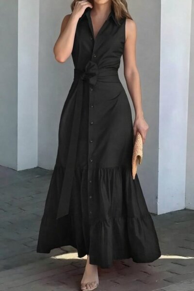 moda wanilia Kadın Kolsuz Yakası Düğmeli Bel Kuşaklı Uzun Trikoton Elbise