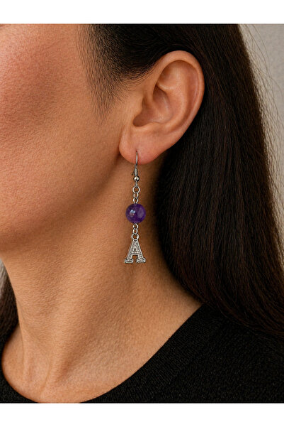 Mos Tespih Amethyst Stone Natural Stone Lettered Special Design Earrings