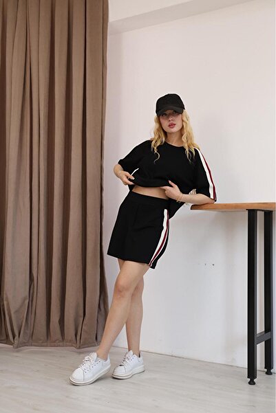 MEBA Women's Stripe Detailed Comfortable Modal Fabric Shorts Skirted T-Shirt Set