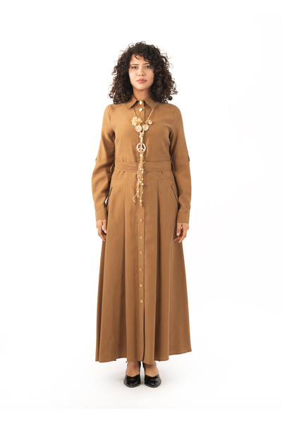 derin store Yakalı Kemerli uzun tencel elbise