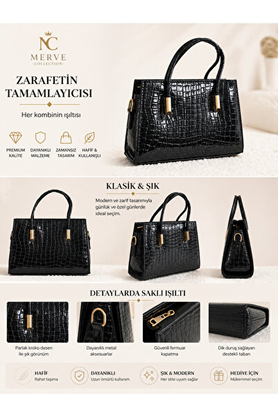 Kadın Siyah Kroko Desen Rugan El & Omuz Çantası – Şık Mini Çanta