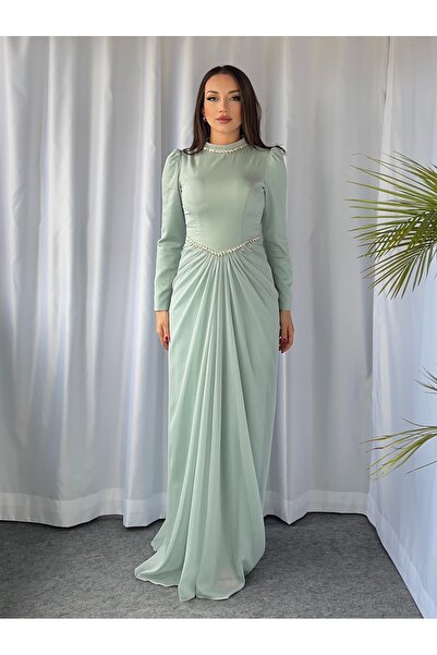 PATEVA Prenses Kemer Taş İşlemeli Drape Detaylı Tesettür Abiye
