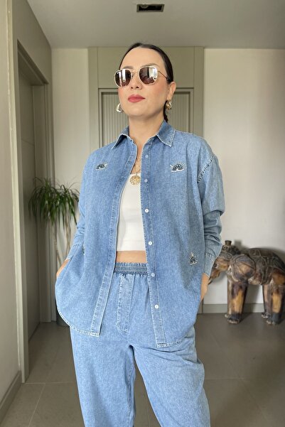 Butik Didem Sakinci Stone Embellished Soft Textured Tencel Slim Denim Shirt P...