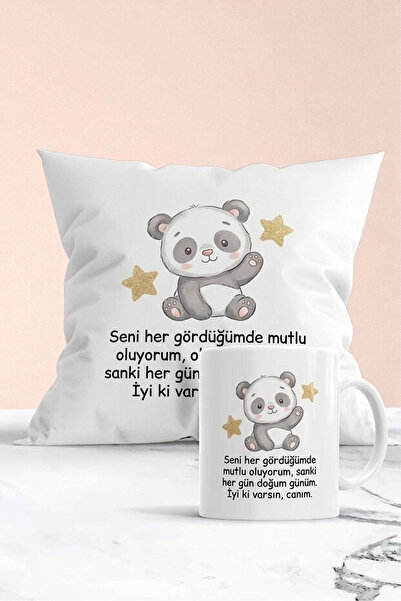 Eshimo Sevimli Panda Tasarımlı "İyi Ki Varsın Canım" Mesajlı Kupa ve Yastık H...
