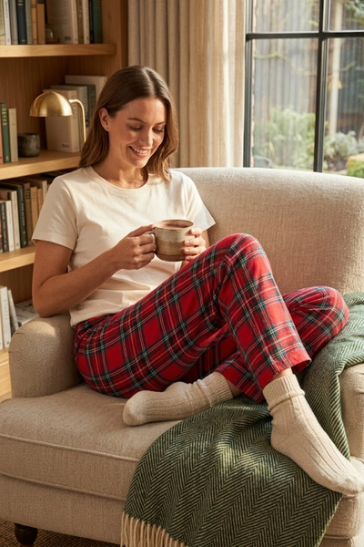 MATAŞ Kadın Ekose Desenli Pijama Altı Lastikli Bel Ev Giyim Pantolonu