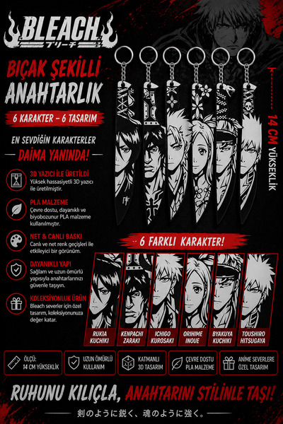 FigurBende Bleach 6’lı Bıçak Şekilli Anahtarlık Seti – 14 cm – PLA 3D Baskı