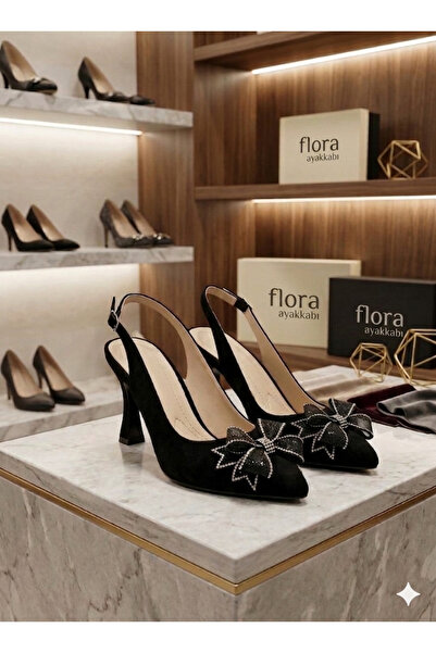Flora Kristal Fiyonklu Siyah Süet Ayakkabı