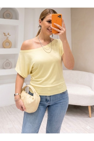 Royteks Fashion Kayık yaka Kısa kol Şık kadın Bulüz