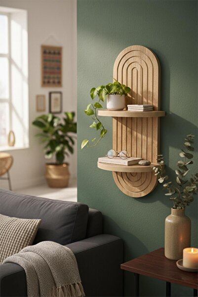 Artavessa Dekoratif MDF Duvar Rafı Çam Rengi - Bohem Oval Tasarım Modern Kitaplık Ve Çiçeklik C Raf 70x26 cm