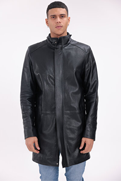 M M Marki Marki Genuine Leather Men's Coat Black Stand Collar Zippered Windbr...
