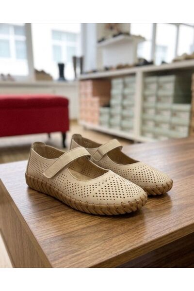 Daloğlu Pantofi confortabili de zi cu zi, ortopedici, din piele naturală bej, pentru femei, balerini