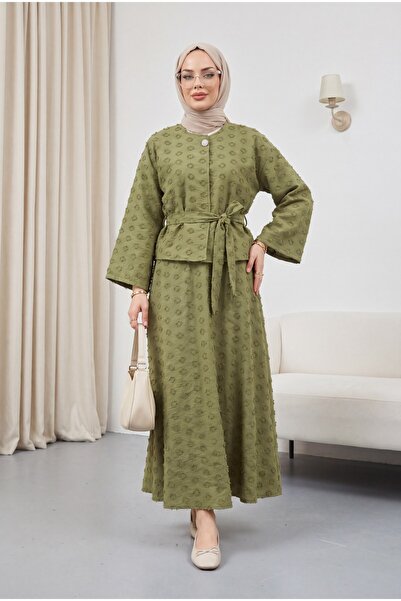 Modamorfo Single Button Embossed Embroidered Tie-Up Voile Crepe Suit -Khaki
