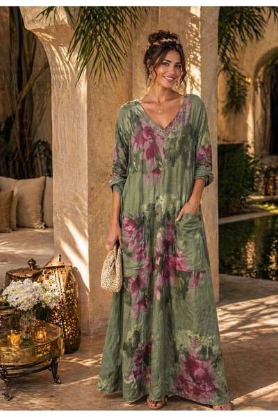 espoire butik kadın italyan keten uzun çiçek kloş elbise