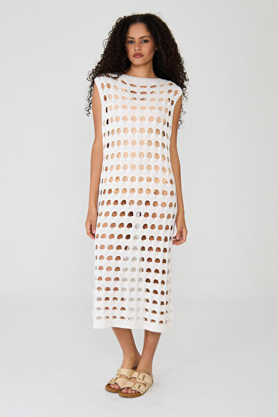 SEVİM TRİKO Women's Ecru Hole Detailed Openwork Knitwear Beach Dress
