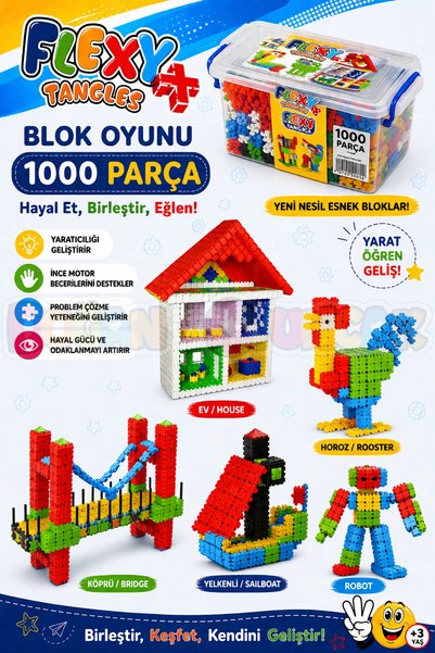 Doğan Oyuncak Dünyası Flexy Tangles Blok Oyunu 1000 Parça - Oyuncak Lego Seti...
