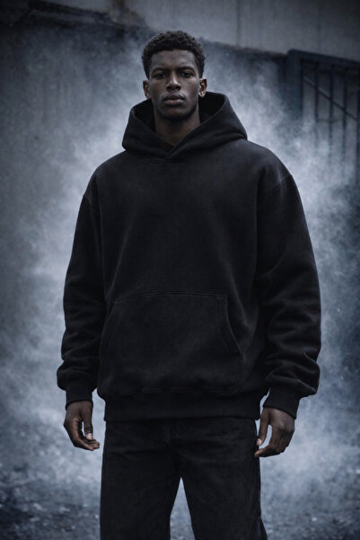 Erkek Kapüşonlu Pamuk Kanguru Cepli Regular Siyah Sweatshirt