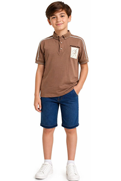 İrem Çocuk Giyim Boy's Text Patterned Embroidery Emblem Polo Collar Button Cl...