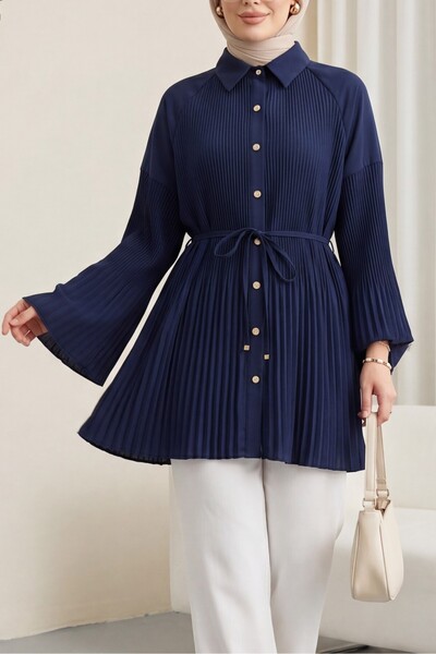HİJABAYA Beli Bağlamalı Taşlı Düğmeli Pliseli Poplin Tunik