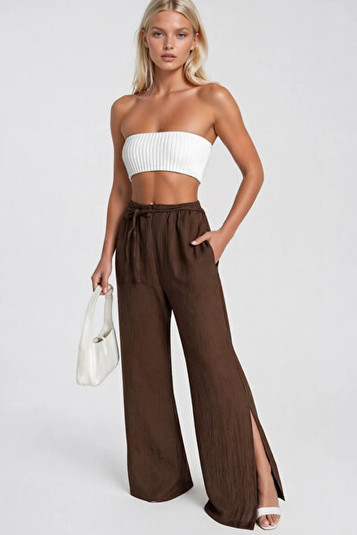 Asfaha Fashion Kadın Beli Lastikli Bağlama Detaylı Geniş Paça Yırtmaçlı Pantolon