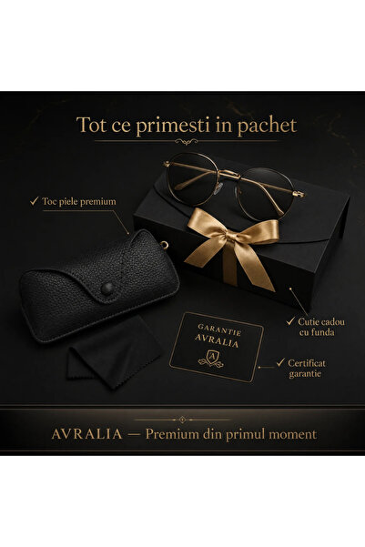 AVRALIA Ochelari Soare/Heliomati Dama, Polarizati UV400, Anti-Lumina Albastra, Rama Rotunda Metal Negru-Auriu, Toc Piele Inclus, Garantie 1 An -