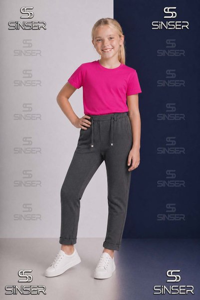 SS SİNSER Girls' Plain Trousers with Elastic Waist, Lycra, Folded Cuffs Style...