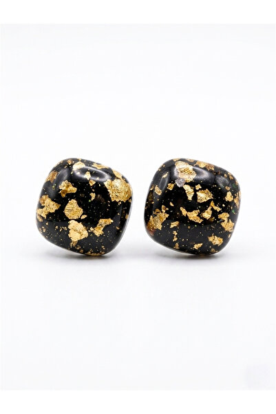 Pelin Aksesuar Black with Gold Leaf Modern Square Resin Earrings