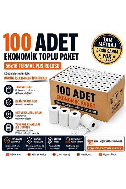 happysezon 56x16 Pos Rulosu 100 Adet - Birinci Kalite Termal Kağıt- Tam Metra...