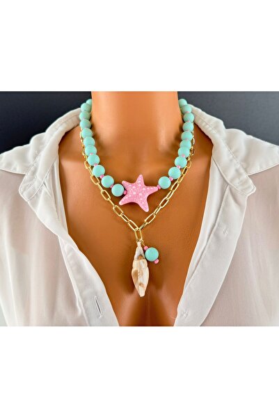 Limi Design Coral Kiss tasarım ikili kolye,pembe yıldız kolye,Bohem yaz kolye...