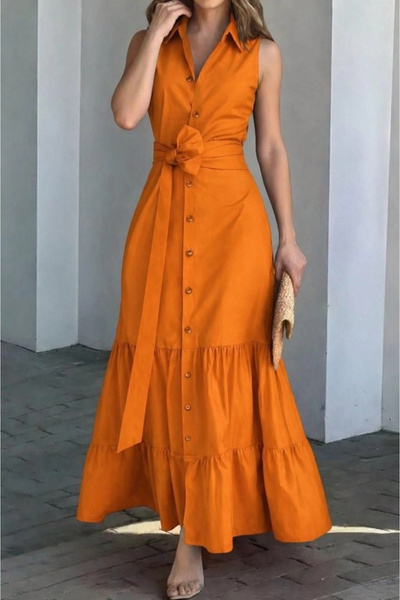 Generic Brand Women's Sleeveless Collared Buttoned Waist Belted Long Tricot D...