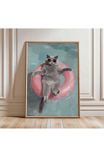 NinaStore Komik Kedi Posteri - Yüzen Kedi Sanat Baskısı - Yaz Havuzu Duvar Sa...