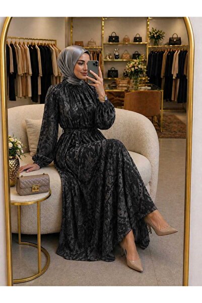 MODA ALMİRA 6250 K 200 GRİ ETNİK DESEN ASTARLI ŞİFON ELBİSE