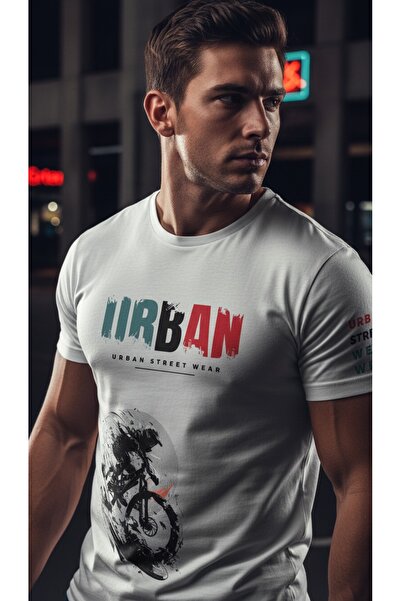 Eritqaa تي شيرت رجالي أبيض بتصميم Urban Streetwear مطبوع عليه دراجة هوائية