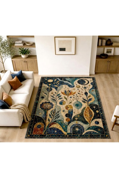 Rugs Modern Halı SDT Mistik Gökyüzü ve Ay Figürlü Bohem Astroloji Turkuaz Lac...