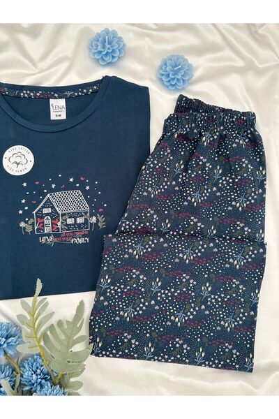 Lena Homewears Women's Patterned Cotton Short Sleeve Crew Neck Pajama Set