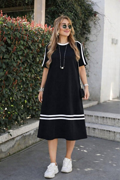 Efnaz style Women's Short Sleeve Crew Neck Stripe Detailed Midi Viscose Dress