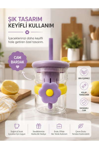 wishhome FILTRELI CAM BARDAK/PIPETLI LIMONATA SMOOTHİE VE SOĞUK IÇECEKLER IÇIN