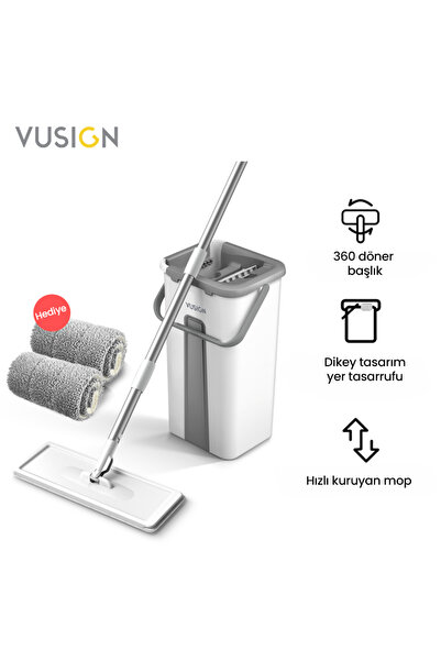 Vusign Düz Mop Paspas Seti Kovası ve Mikrofiber Moplu Temizlik Seti 123 cm