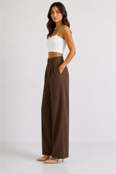 MODA GARDEN 35 Ar66 Women's High-Waisted Wide-Leg Pants – Pleated, Relaxed Fit, Stylish Casual Fabric Trousers