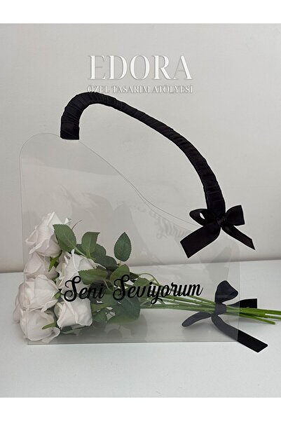Edora Design Kadife Beyaz Gül Aranjmanlı Şık Şeffaf Çanta Tasarımı | Çanta Üz...