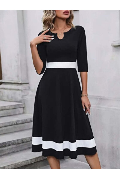 Efnaz style Women's Three Quarter Sleeve V-Neck Janjan Crepe Midi Dress