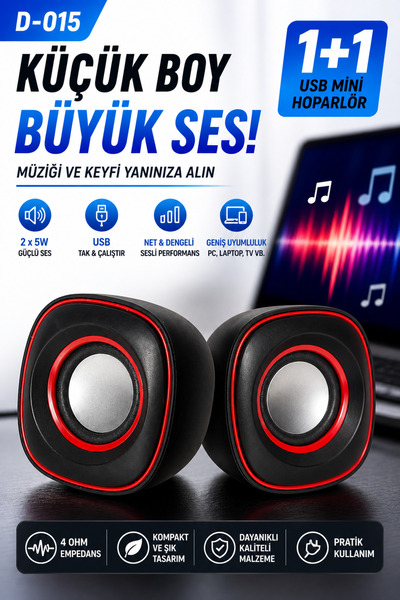 kruxon D-015 1+1 USB Mini Hoparlör 2x5W Güçlü Ses 4 Ohm PC Laptop Telefon Uyumlu