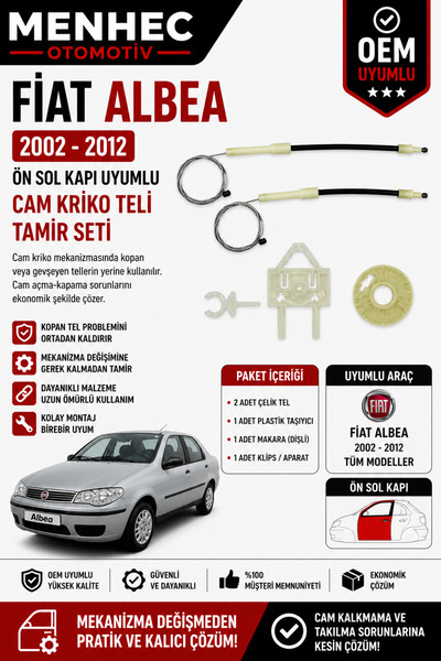 Menhec Otomotiv Fiat Albea 2002-2012 Ön Sol Cam Kriko Teli Tamir Seti Otomati...