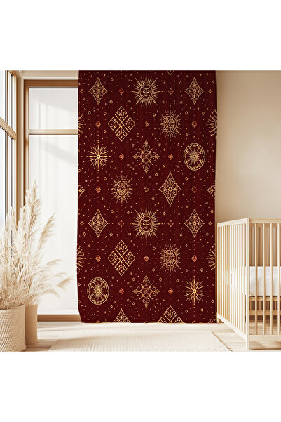 Hanna Home Kırmızı Altın Güneş Desenli fon perde